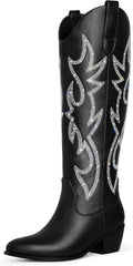Ouepiano White Cowgirl Boots Women Cowboy Knee High Tall Boots Chunky Heel Pointed Toe Pull-On Western Wide Calf Boats Country Fashion