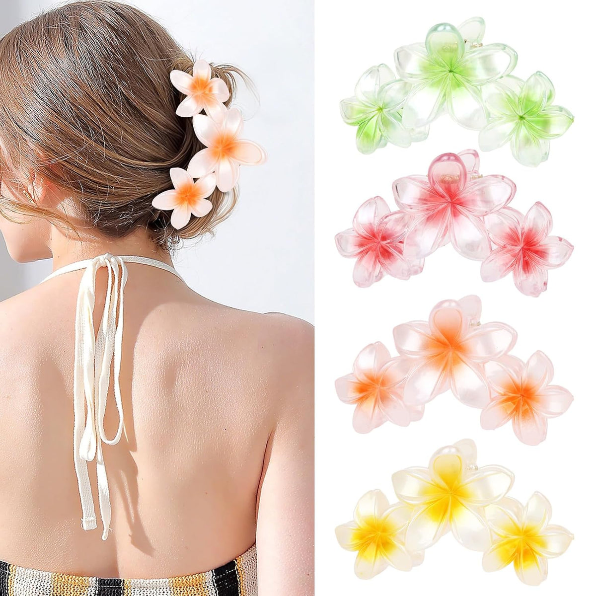ANBALA 4PCS Hawaiian Plumeria Flower Hair Clips - Large Non-Slip Matte Claw Clips for Women, Strong Hold Beach Hair Accessories