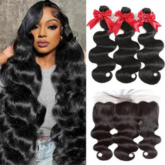 12A Human Hair Bundles with 2x6 Closure 18 20 22 with 16 Inch Brazilian Body Wave 3 Bundles Human Hair with 2x6 HD Lace Closure 100% Unprocessed Virgin Human Hair Weave