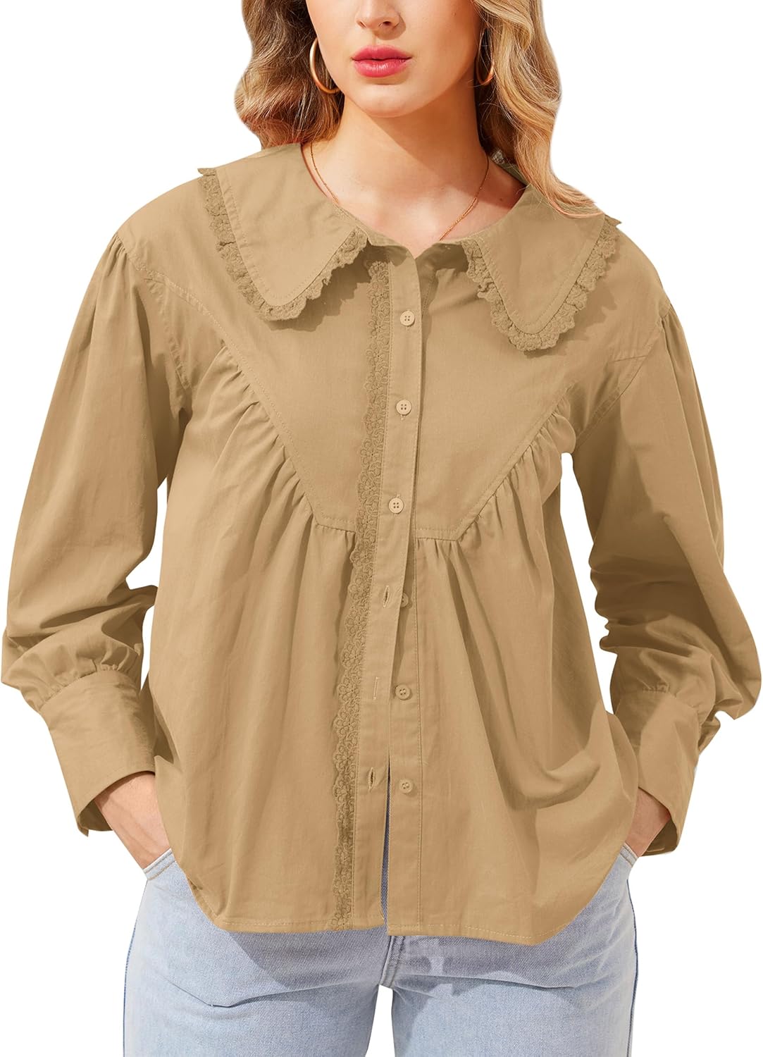 Women Long Sleeve Button Down Shirt Lace Peter Pan Collar Shirt Cotton Lantern Sleeve Ruffle Babydoll Blouse Tops