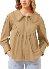 Women Long Sleeve Button Down Shirt Lace Peter Pan Collar Shirt Cotton Lantern Sleeve Ruffle Babydoll Blouse Tops