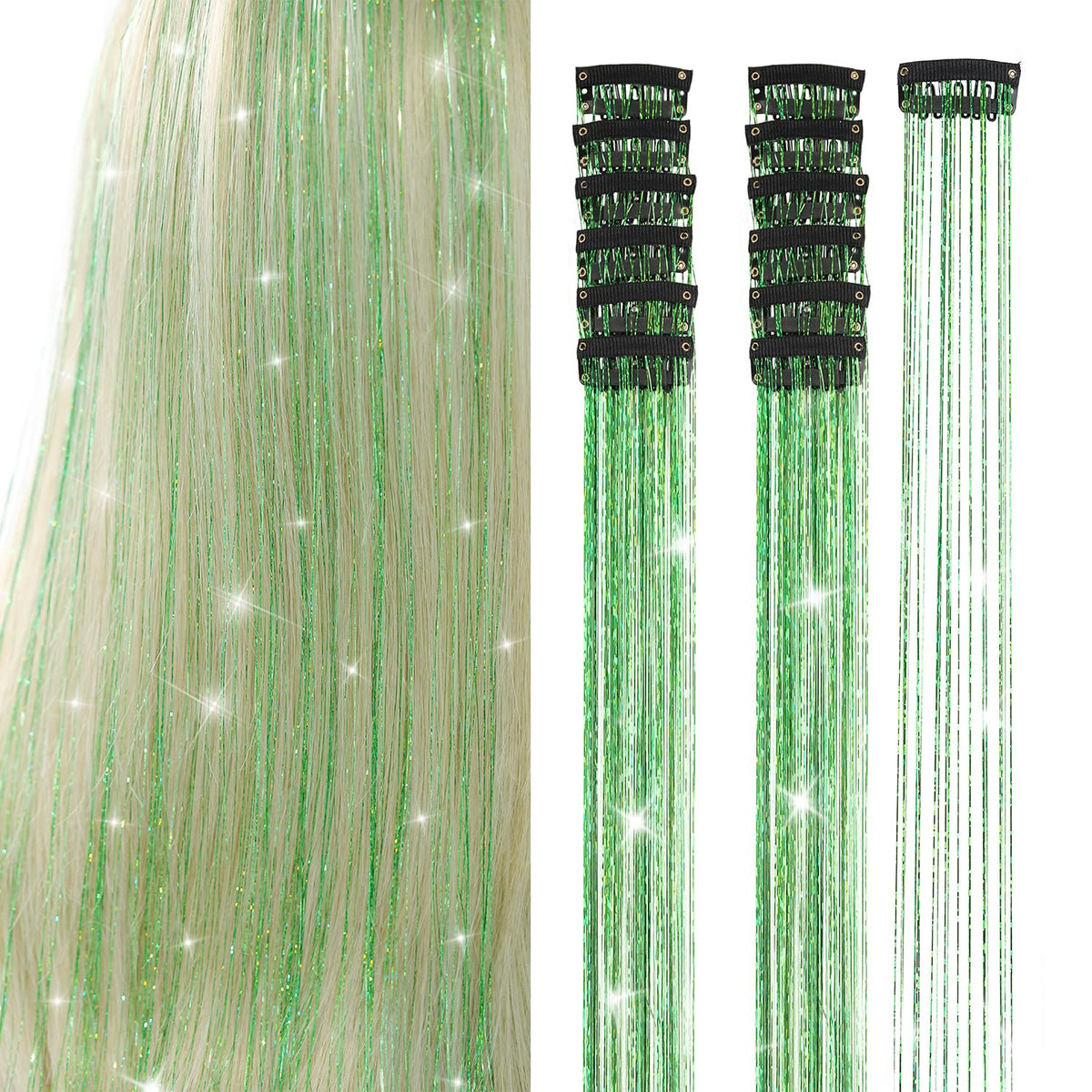 Hair Tinsel 12Pcs Clip in Rainbow Hair Accessories 20.5 Inch Fairy Hair Tinsel Kit for Women Girls Kids Glitter Extensions for Christmas Halloween New Year Party (Rainbow)