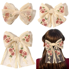LFOUVRE Beige Lace Hair Bows with Embroidered Flowers - Bowknots, Barrettes, and Hair Clips with Long Tails for Women (3pcs)