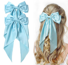 Furling Pompoms Hair Bows for Women,Large Satin Silky Hair Bow Clips Ribbon Long Tail French Barrette Hair Clamps Girls Hair Accessories Party Wedding Christmas Thanksgiving (Navy White)