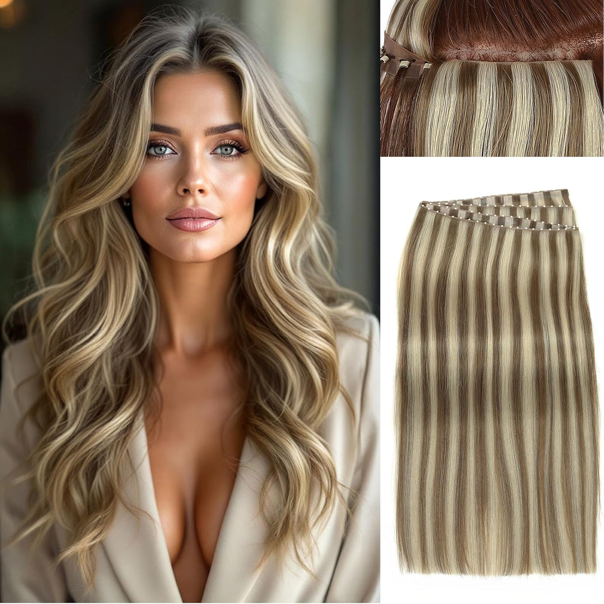 WIGER Invisible Edge Genius Butterfly Hair Extensions Real Human Hair Double Weft Hand-Tied Remy Human Hair Extensions With Dark Roots Injected Highlighted Blonde Micro Bead PU Skin Weft for Women