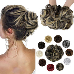 Messy Bun Hair Piece Wavy Curly Scrunchies Fluffy Donut Thick Updo Elegant Chignon Hairpieces for Women Girls, Dark Brown 1.4oz