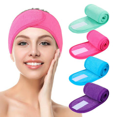 Facial Spa Headbands 4PCS, Makeup Shower Bath Wrap Sport Headband Terry Cloth Stretch Towel with Magic Tape (Black)