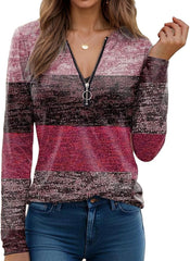 Women's Fall Quarter Zipper Striped Sweatshirts Long Sleeve Trendy Color Block Casual Tops Pullover