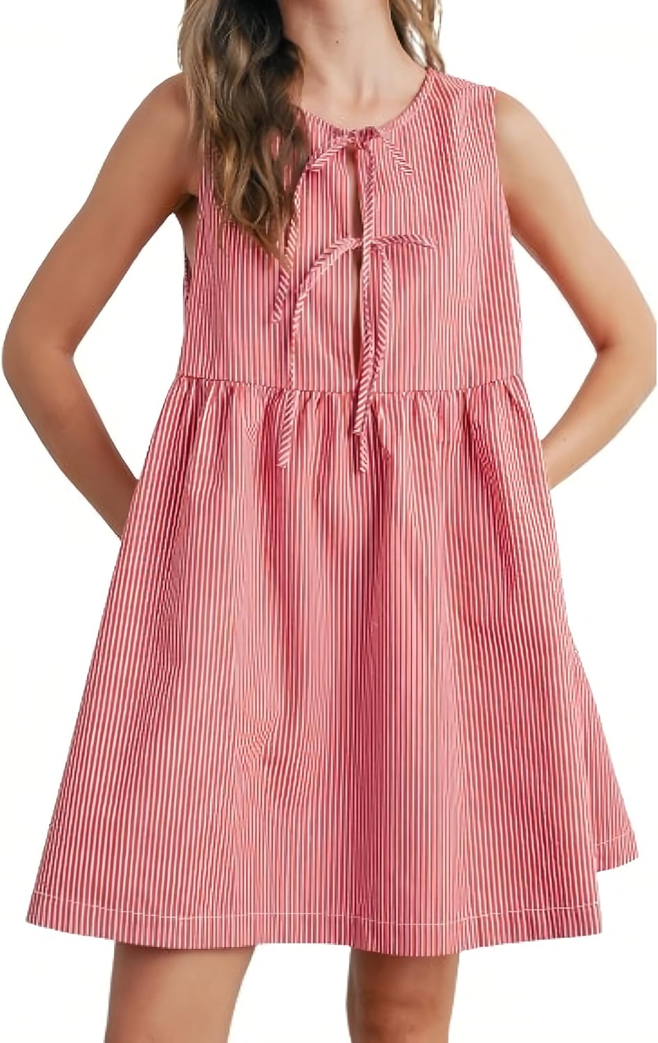 Womens Mini Red Stripe Bowknot Dress Round Neck Sleeveless A Line Casual Dresses