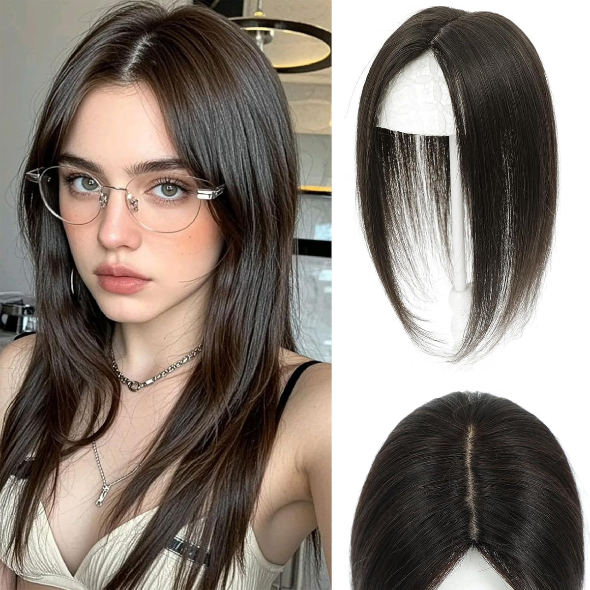 Hair Toppers for Women Real Human Hair, 360°3D Hairpieces for Women with Thinning Crown Wispy Clip in Bangs Realistic Scalp Line Hair Pieces (Dark brown)