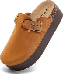 Suede Platform Clogs Women, Closed Toe Slippers Slides Sandals, Potato Shoes with Adjustable Buckle, Non Slip On Mules