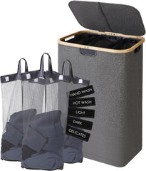 160L Laundry Sorter Hamper with Lid, 3 Section Extra Large Dirty Clothes Basket with Handles, 3 Removable Liner Bags & Labels, Beige