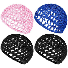 4 Pack Hair Nets Cap Crochet Knit Snood Bonnets Sleeping Hairnet Fitted Hair Cover Wrap Comfortable Haircare Wave Cap for Keep Curls Ballet Serving Shower Bath Head Circumference 20-22in