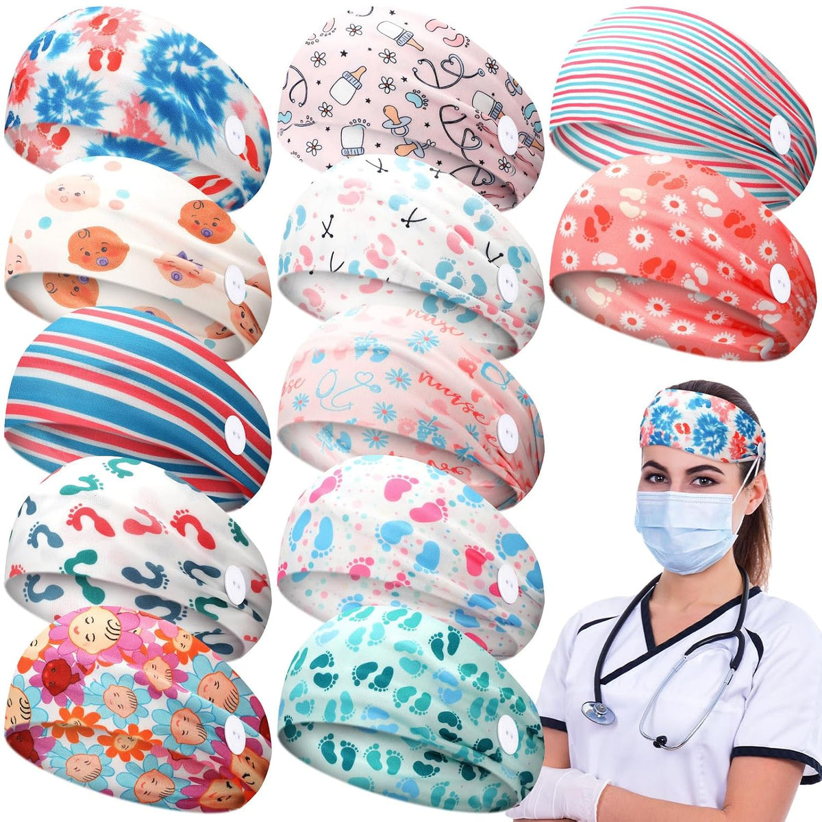 Jexine 12 Pcs Nurse Headbands for Women, Non Slip Nursing Headbands with Buttons for Mask Work Accessories Elastic Ear Protection Hair Bands Gift for Spa Yoga Sports(Stylish)