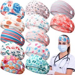 Jexine 12 Pcs Nurse Headbands for Women, Non Slip Nursing Headbands with Buttons for Mask Work Accessories Elastic Ear Protection Hair Bands Gift for Spa Yoga Sports(Stylish)