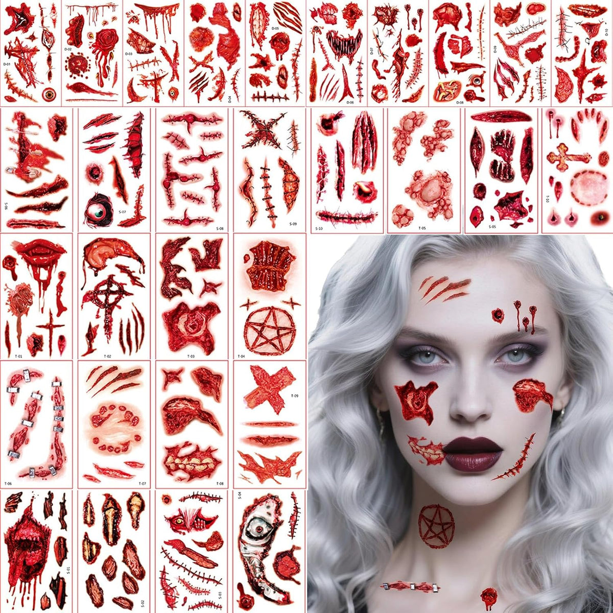 30 Pcs Halloween Fake Scars Sticker Temporary Tattoos, Fake Wounds Stitches Face Tattoos for Zombie Costume Women, Halloween Party Cosplay for Kids Women Men Girls Boys