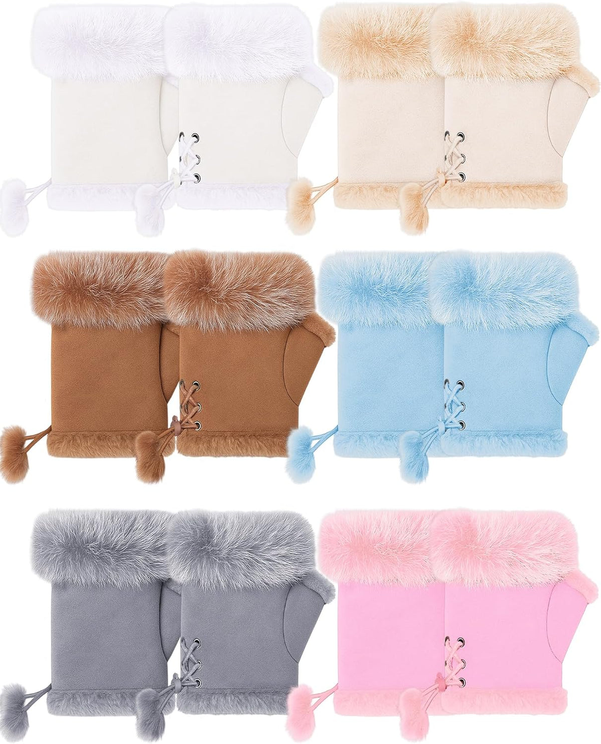 SATINIOR 6 Pairs Women Faux Rabbit Fur Gloves Fingerless Winter Gloves Mittens Warm Gloves Stretchy Hand Wrist Warmers (Novel Color)