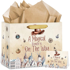 Magical Wizard Baby Shower Birthday Gift Bag for Baby Girls A Magical Bundle is On The Way Bag with Wrapping Paper Card Large Castle Witch Gift Bag for Halloween Baby Shower Birthday Party Supplies