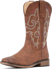 IUV Cowboy Boots For Women Square Toe Western Boots Mid Calf Cowgirl Boots Pull On Fashion Embroidered Cowboy Boots