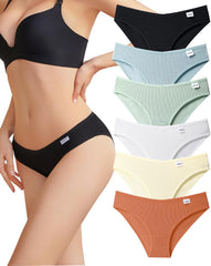 Cotton Underwear for Women Cute Low Rise Ribbed Bikini Breathable Sexy Hipster Womens Cheeky 6 Pack