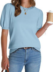 WIHOLL Women's Puff Short Sleeve Sweater 2025 Spring Summer Tops Trendy Business Casual Outfits Work Blouses Clothes
