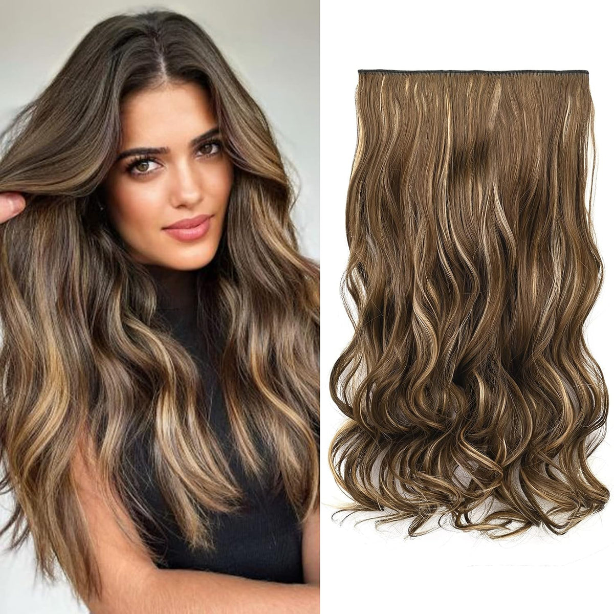 REECHO 20" 1-Pack 3/4 Full Head Curly Wave Clips in on Synthetic Hair Extensions HE008 Hairpieces for Women 5 Clips 4.5 Oz per Piece - Black brown
