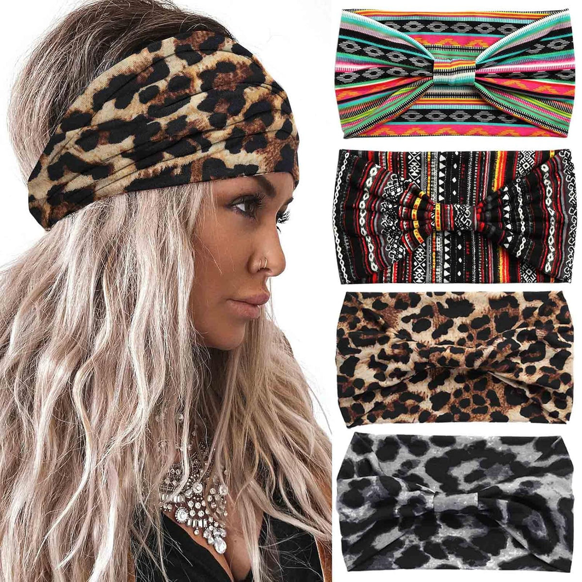 Acenail Wide Headbands Women Knotted Turban Headband Elastic Non Slip Hairbands Floral Workout Headbands Yoga Cotton Hair Scarfs Boho Head Wraps Fashion Hair Accessories for Women 4Pcs(Bohemian)