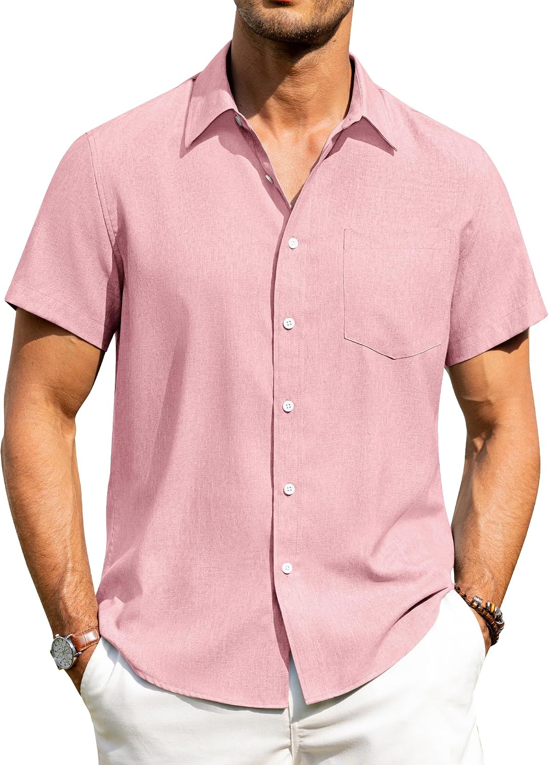 Alimens & Gentle Mens Linen Shirts Short Sleeve Button Down Shirts Wrinkle Free Casual Vacation Beach Summer Tops
