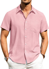 Alimens & Gentle Mens Linen Shirts Short Sleeve Button Down Shirts Wrinkle Free Casual Vacation Beach Summer Tops