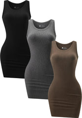 3 Pack Summer Dresses for Women 2025 Ribbed Tank Dress Scoop Neck Sleeveless Sundress Basic Bodycon Mini Dress