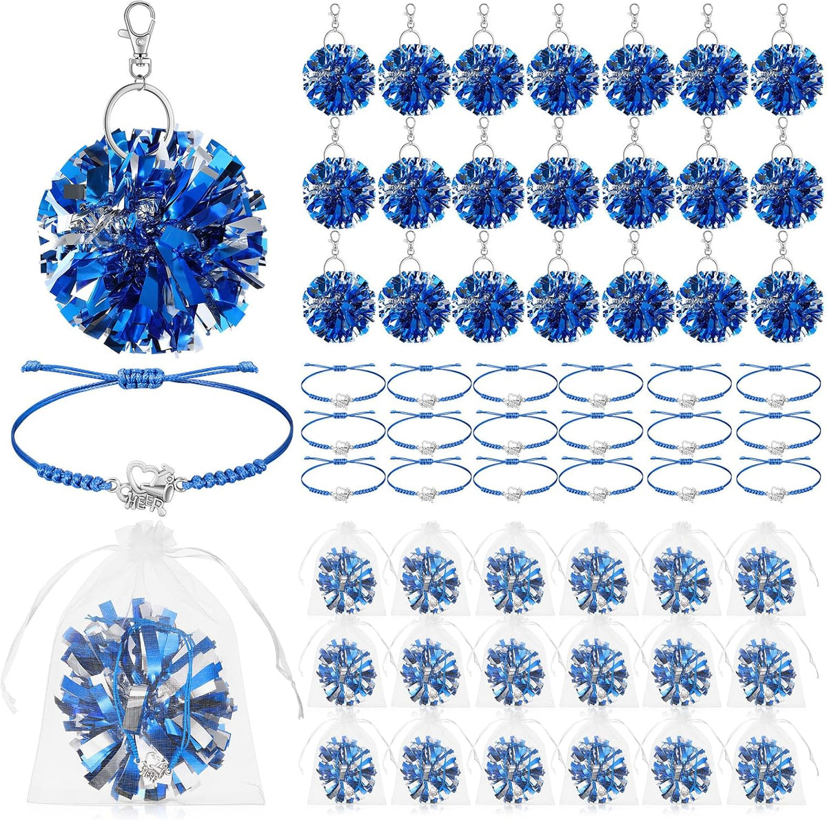 20 Sets Cheerleader Gifts Bulk, Pom Pom Keychain Cheer Bracelet Organza Bag 20 Each for Team Women Accessories