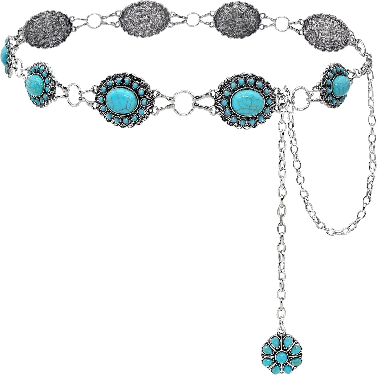 Turquoise Belt Silver Western Chain Belt Cowgirl Concho Belts for Women