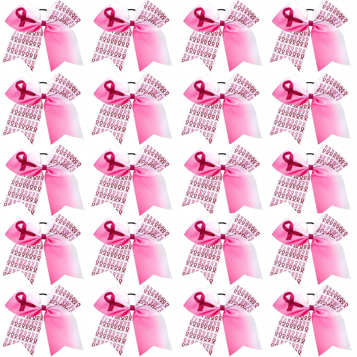 20 Pieces 7 Inch Breast Cancer Awareness Cheer Hair Bows Ponytail Holder Large Glitter Pink Ribbon Hair Bows Accessories Elastic Band Handmade for Teens Women