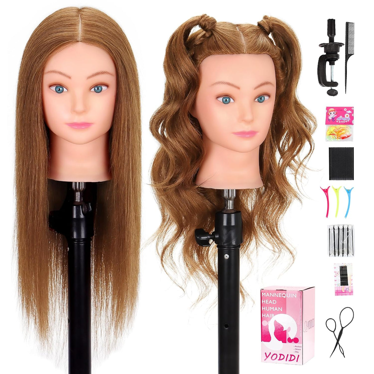 Mannequin Head Human Hair 22"-24" Female 100% Human Hair Mannequin Head Hair Styling Cosmetology Manikin Head Doll Head for Hairdresser with Clamp Holder and Tools (dark brown)