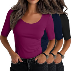 Neer 3 Pack Women's Scoop Neck Stretchy Tops Cotton Half Sleeve Slim Fitted T-Shirts Tight Casual Basic Summer Tees