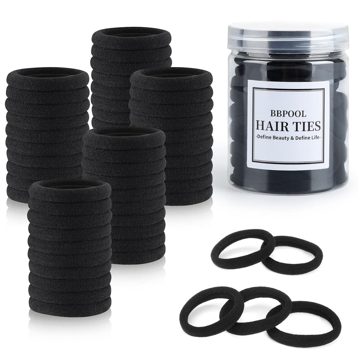 50PCS Black Cotton Seamless Hair Ties for Women and Girls - Soft, Stretchy Ponytail Holders, No Damage Elastics for Thick, Heavy & Curly Hair
