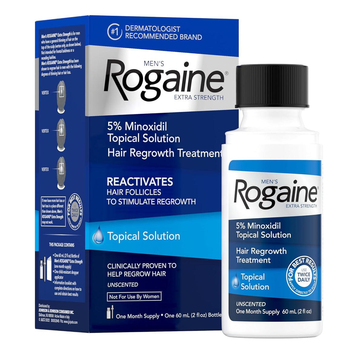 Men’s Rogaine Extra Strength 5% Minoxidil, Topical Solution for Thinning & Hair Loss, Clinically Proven FDA Approved Minoxidil for Men Treatment, Regrow Fuller Hair, 3 Month Supply, 3 Bottles