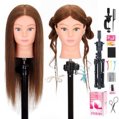 Mannequin Head Human Hair 22"-24" Female 100% Human Hair Mannequin Head Hair Styling Cosmetology Manikin Head Doll Head for Hairdresser with Clamp Holder and Tools (dark brown)