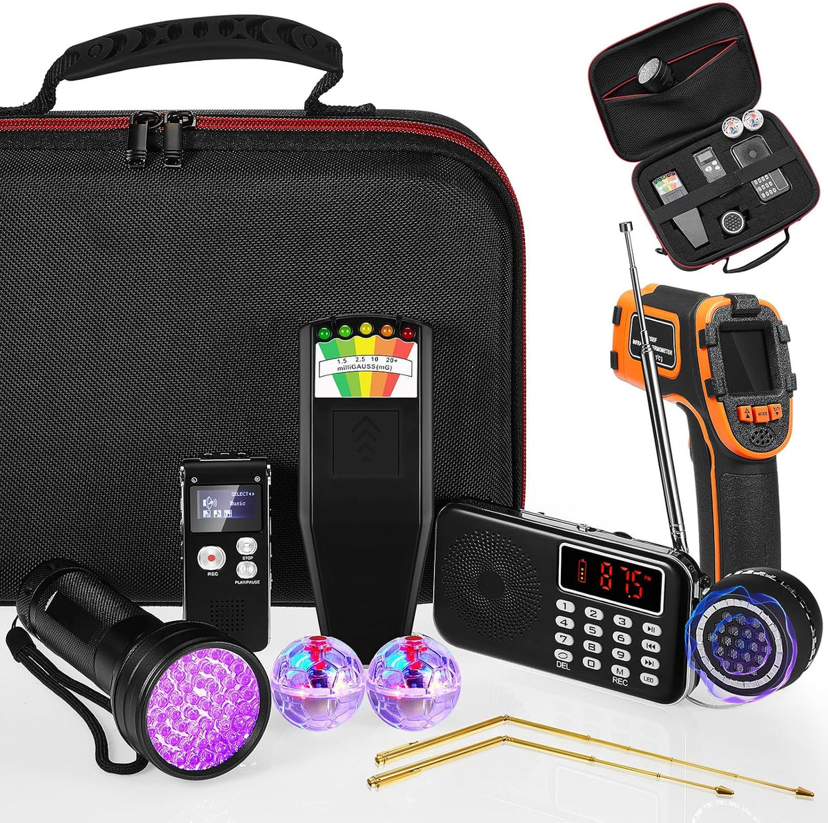 Dunzy 11 Pcs Ghost Hunting Equipment Kit Include Ghost Radio, Electromagnetic Paranormal Radiation Detector, Voice Recorder, UV Flashlight 2 LED Light up Cat Balls Etc(3 in 1 Emf Meter)