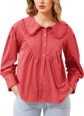Women Long Sleeve Button Down Shirt Lace Peter Pan Collar Shirt Cotton Lantern Sleeve Ruffle Babydoll Blouse Tops