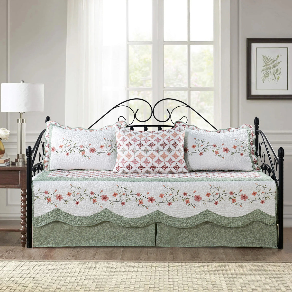 5 Piece Embroidered Daybed Cover Set with Bedskirt