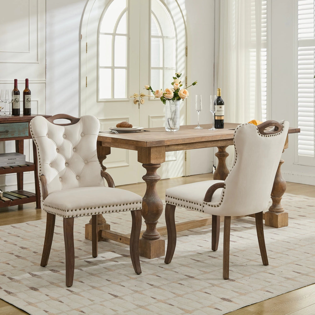 GDFStudio- Velvet Wing-Back Dining Chair with Handmade Tufted Trim & Curved Wood Legs, Set of 2