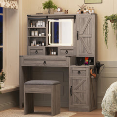 Farmhouse Vanity Desk with Sliding Mirror & Lights, Glass Top Vanity Set