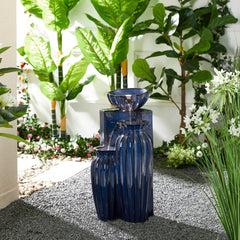 Glitzhome 26.75"H 3-Tiered Fluted Texture Ceramic Outdoor Floor Fountain with LED Lights