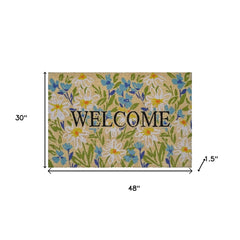 HomeRoots 30" X 48" Brown Light Blue And Green Floral Welcome Outdoor Coir Door Mat - 30.00' X '48.00