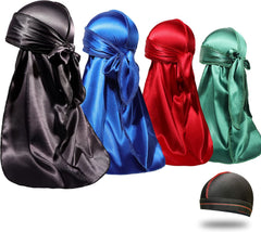 4PCS Silky Durags for Men Women 360 Waves with 1 Wave Cap, Silky Satin Durag Extra Long Tails