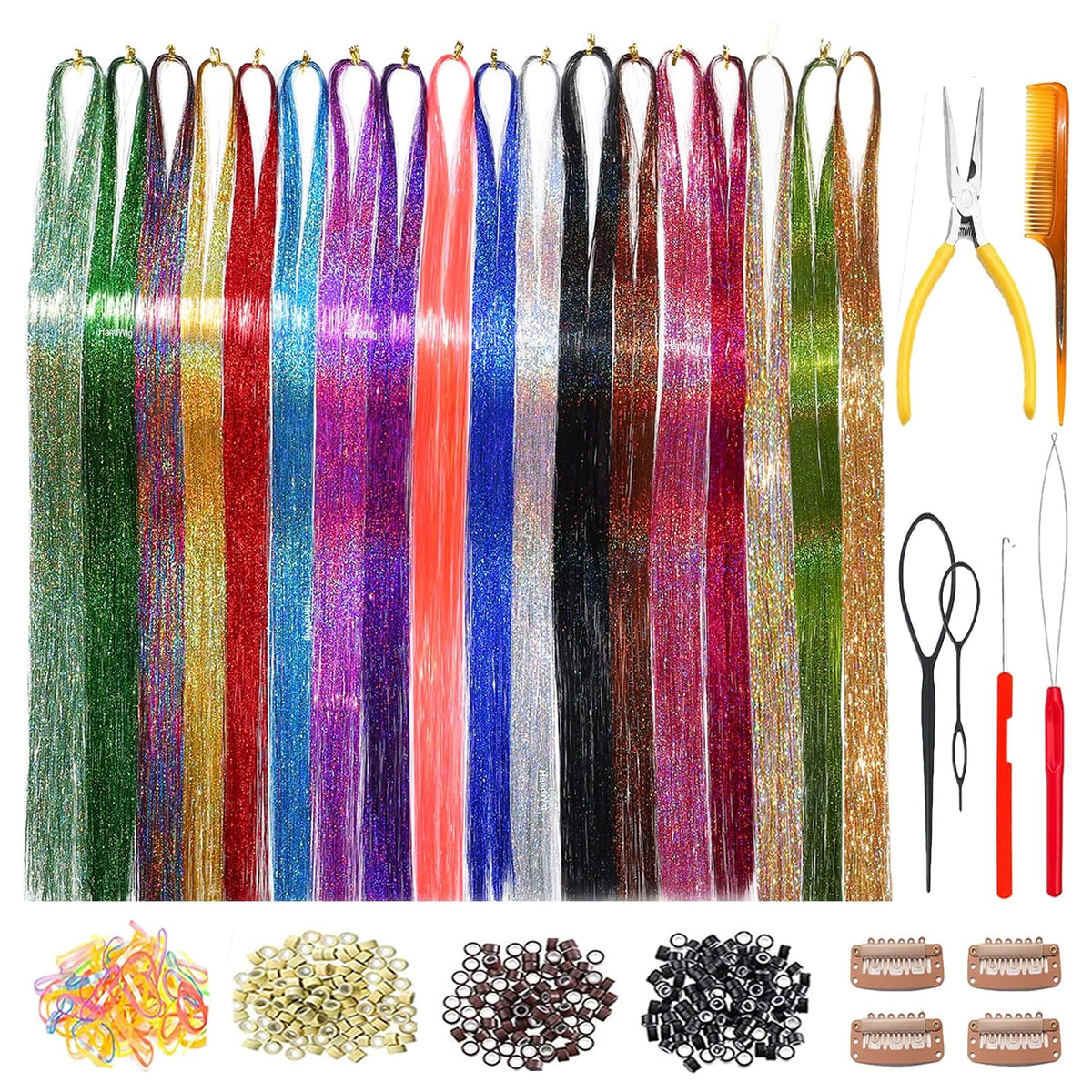 Hair Tinsel Tools Kit,Fairy Hair Strands for Women & Girls,Easy Apply Hair Highlights for Party, Festival & Daily Use (12 Colors+Tools, 47 Inches)