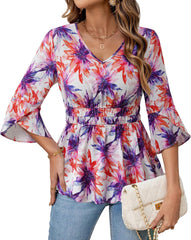 Timeson Women's 3/4 Sleeve Tops Dressy Casual V Neck Floral Blouses Elastic Waist Fall Shirts