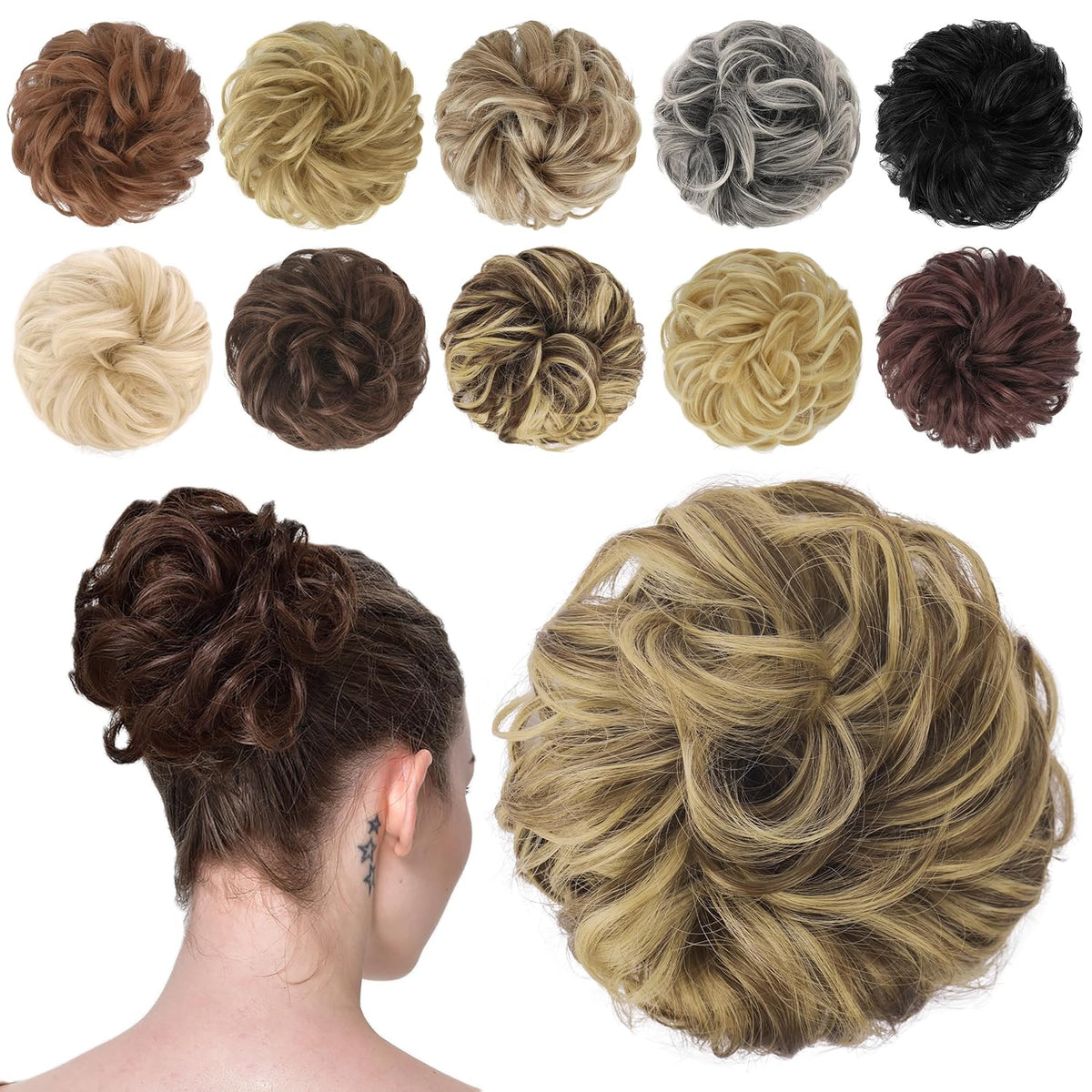 FESHFEN Messy Bun Hair Piece - Elastic Wavy Curly Hair Bun Scrunchies Extensions Synthetic Chignon Hairpieces for Women Girls, Black Brown 1.5 oz
