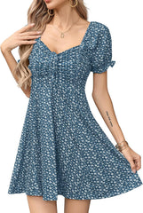Missufe Women's Puff Short Sleeve Fit and Flare Casual Drawstring Floral Mini Sun Dresses 2025 Summer Vacation